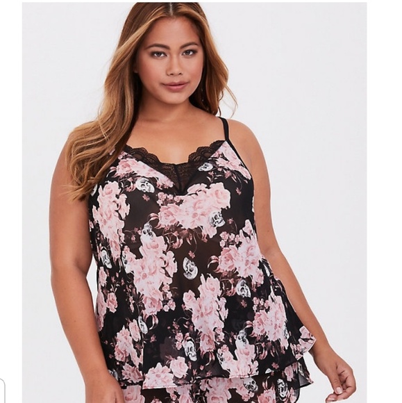 Torrid Other - Black & Pink Floral Skull Chiffon Cami